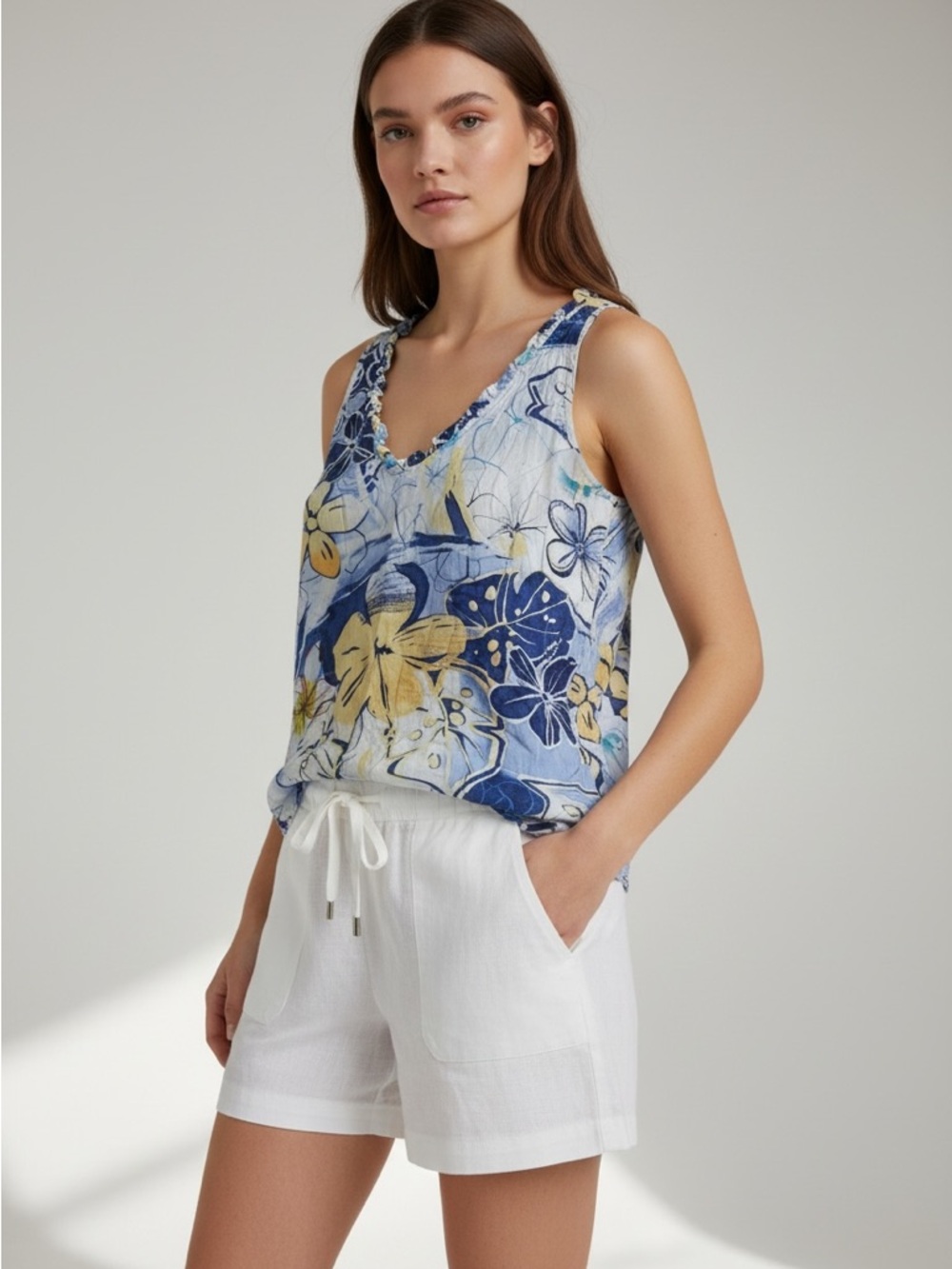 Jam’s World Tropical Floral V Neck 100% Rayon Sleeveless Tank Top Blouse Small